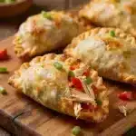Golden-brown chicken empanadas arranged on a wooden platter with a side of dipping sauce.