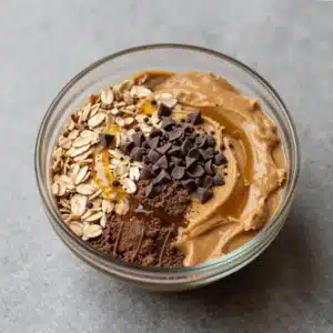 Close-up of healthy chocolate peanut butter protein balls arranged on a plate.