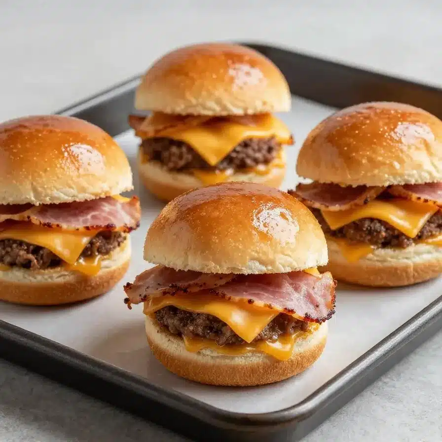 https://www.yellowblissroad.com/garlic-butter-ham-and-cheese-sliders/ 5 Close-up of garlic butter ham and cheese sliders on a serving tray.