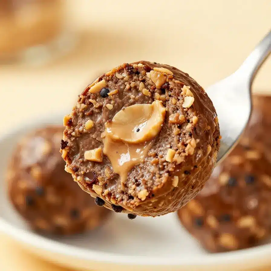 Close-up of healthy chocolate peanut butter protein balls arranged on a plate.