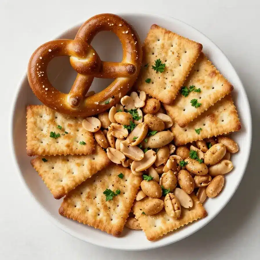 Ranch Trail Mix Snack Mix 5 A bowl filled with ranch trail mix snack mix featuring pretzels, nuts, and crackers.