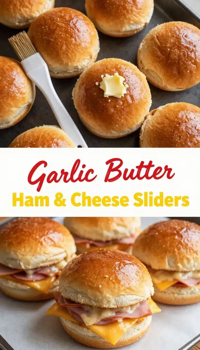 https://www.yellowblissroad.com/garlic-butter-ham-and-cheese-sliders/ 9 Close-up of garlic butter ham and cheese sliders on a serving tray.