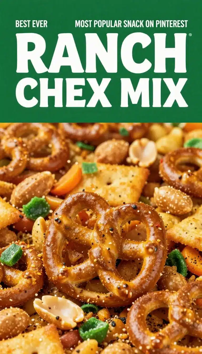 Ranch Trail Mix Snack Mix 9 A bowl filled with ranch trail mix snack mix featuring pretzels, nuts, and crackers.