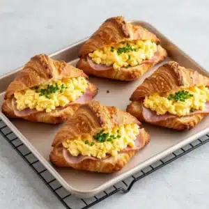 A freshly baked croissant breakfast sandwich filled with eggs, cheese, and bacon on a white plate.