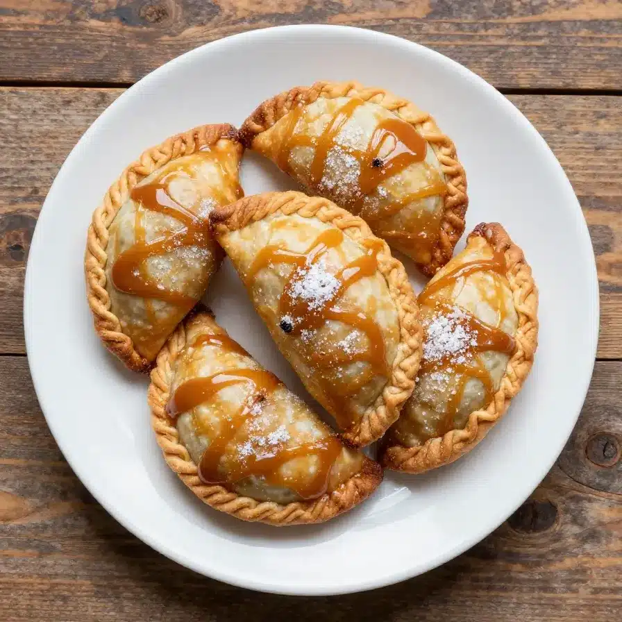 Close-up view of caramel apple empanadas on a wooden plate.