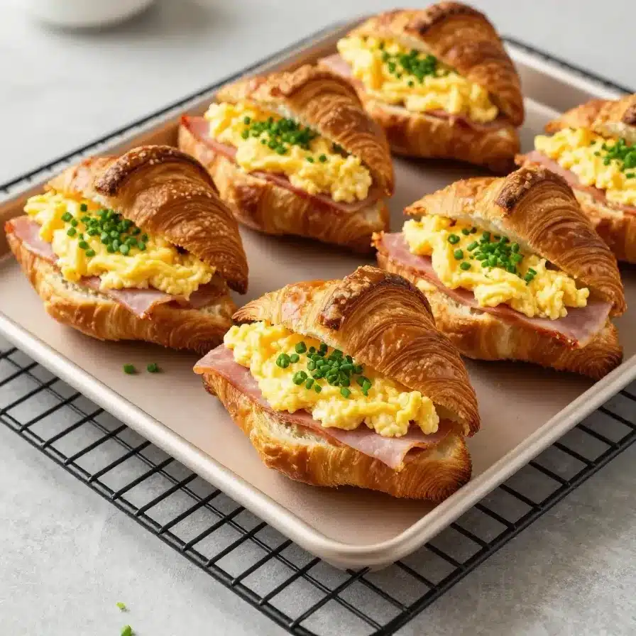 A freshly baked croissant breakfast sandwich filled with eggs, cheese, and bacon on a white plate.