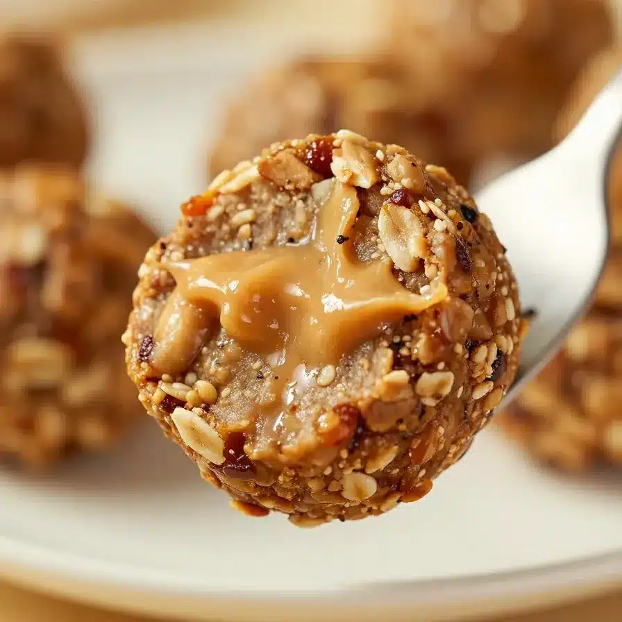 Peanut Butter Oatmeal Energy Bites Recipe 5 Close-up of peanut butter oatmeal energy bites arranged on a white plate.