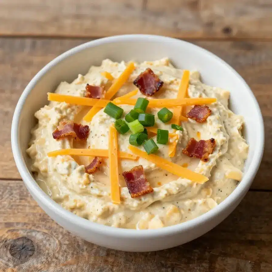 Million Dollar Crack Dip Recipe 5 A bowl of creamy Million Dollar Crack Dip topped with chopped green onions and crispy bacon.