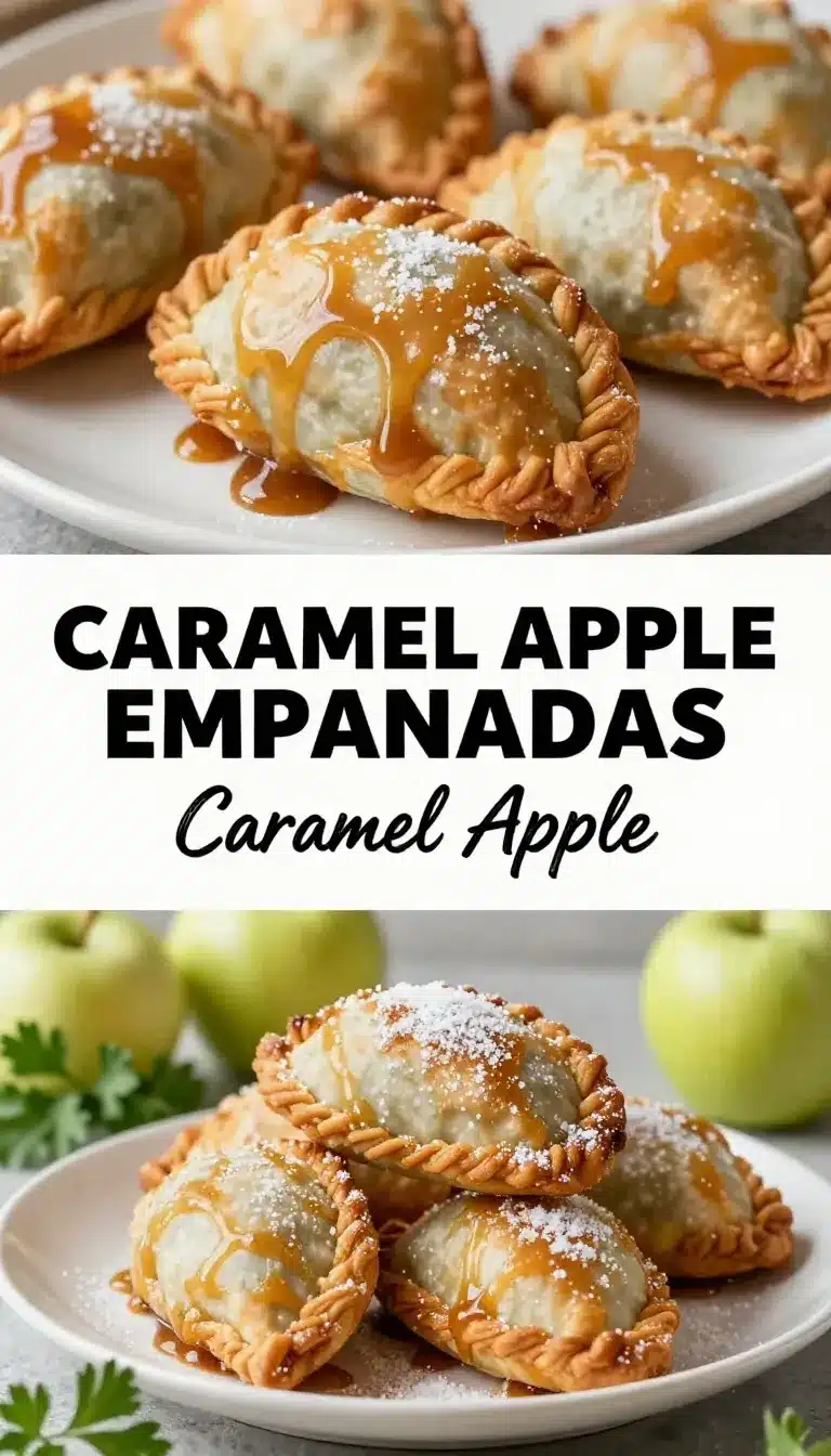 Close-up view of caramel apple empanadas on a wooden plate.