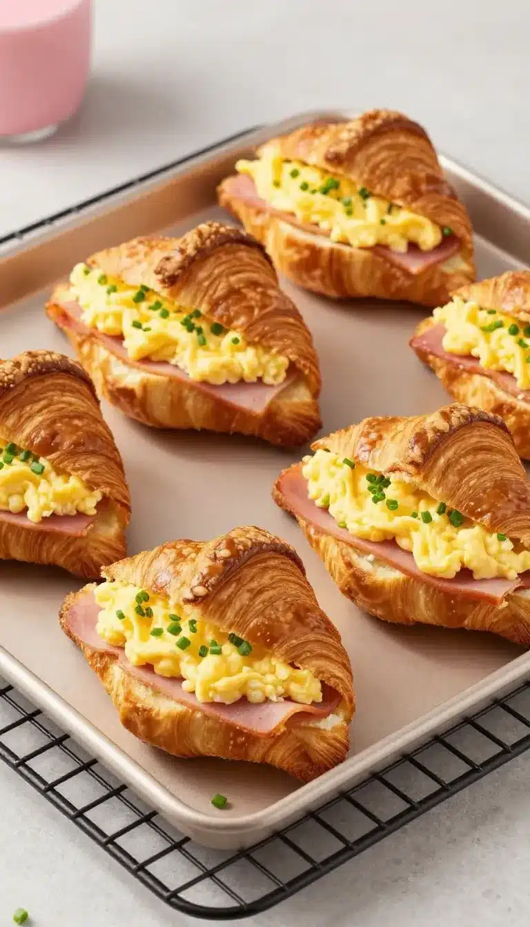 A freshly baked croissant breakfast sandwich filled with eggs, cheese, and bacon on a white plate.