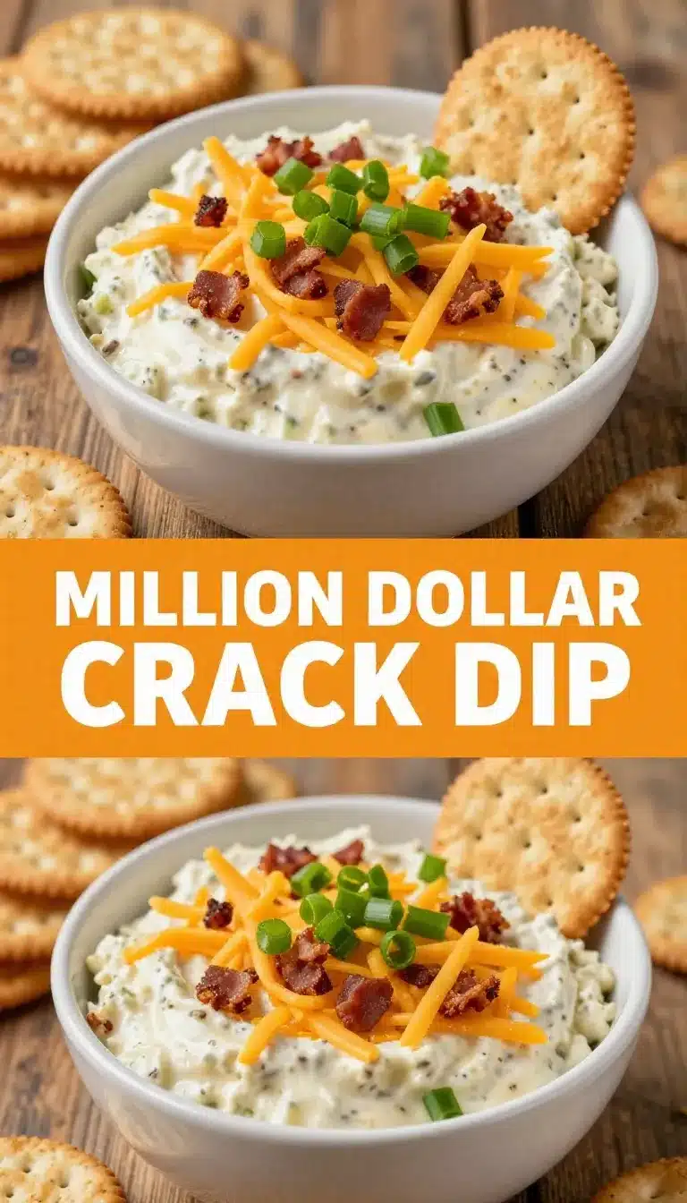 Million Dollar Crack Dip Recipe 9 A bowl of creamy Million Dollar Crack Dip topped with chopped green onions and crispy bacon.