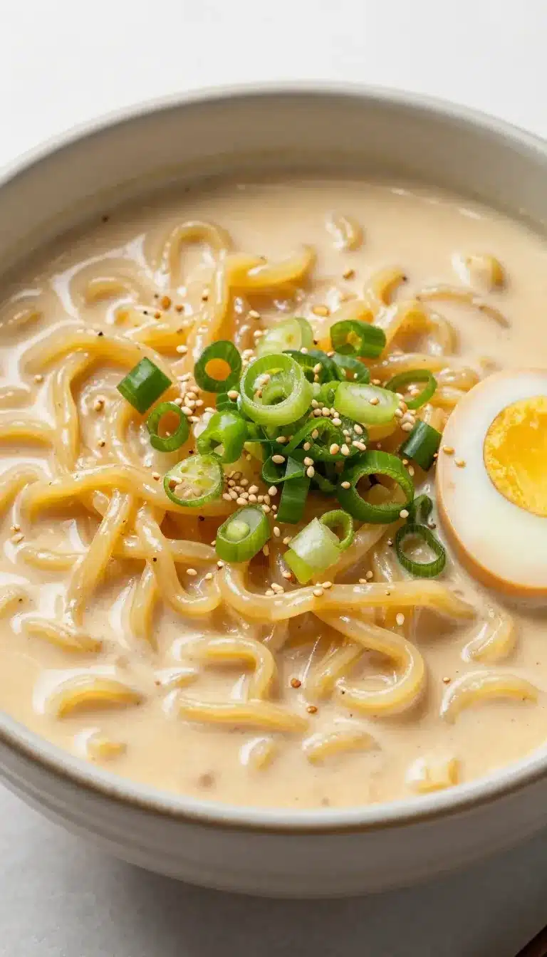 Creamy Buldak Ramen 8 A bowl of creamy Buldak ramen topped with green onions and sesame seeds