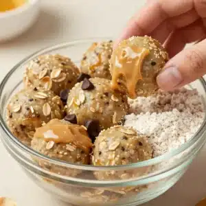 A close-up view of no-bake protein balls arranged on a wooden plate.