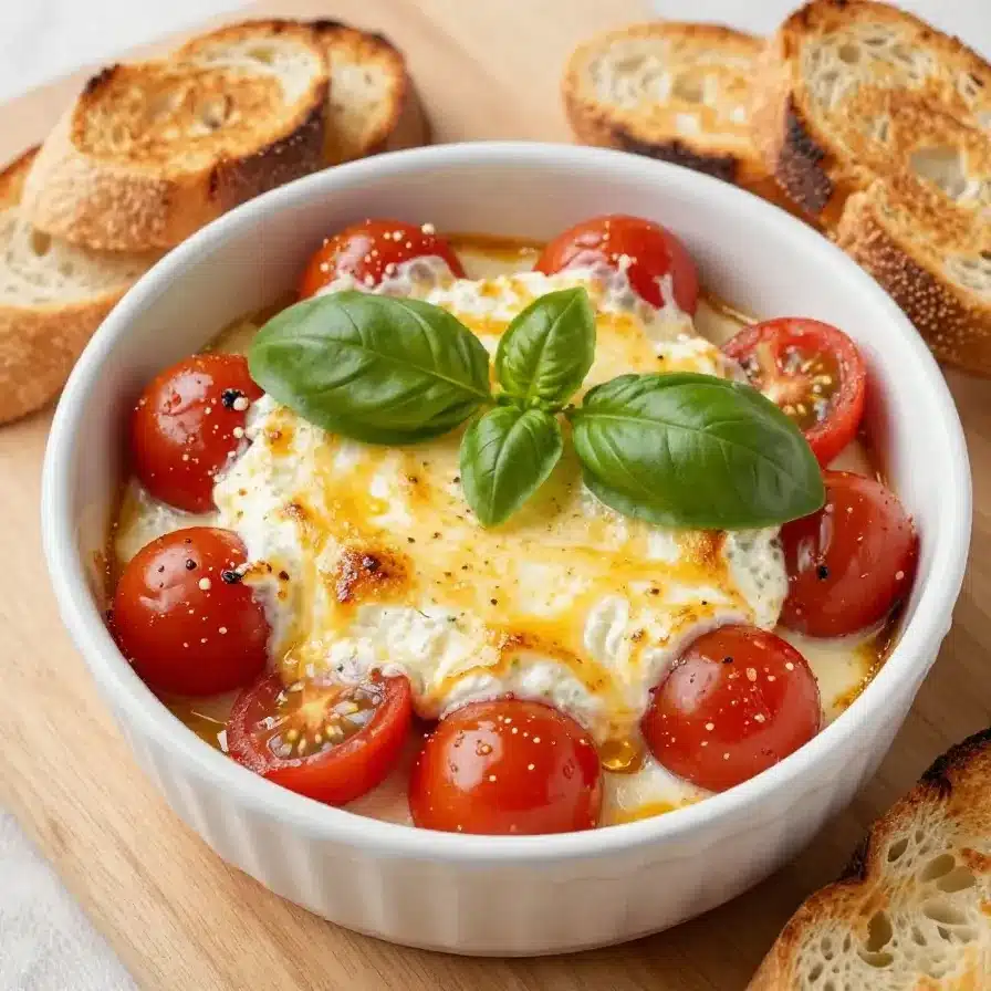 Easy Caprese Dip 8 A bowl of creamy Caprese dip garnished with fresh basil leaves and cherry tomatoes.