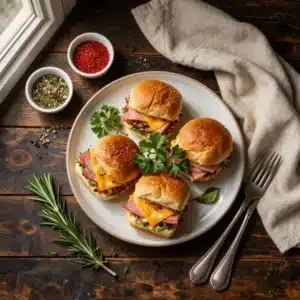 Close-up of freshly baked ham and cheese sliders on a wooden serving board.