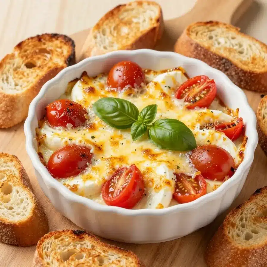 Easy Caprese Dip 5 A bowl of creamy Caprese dip garnished with fresh basil leaves and cherry tomatoes.