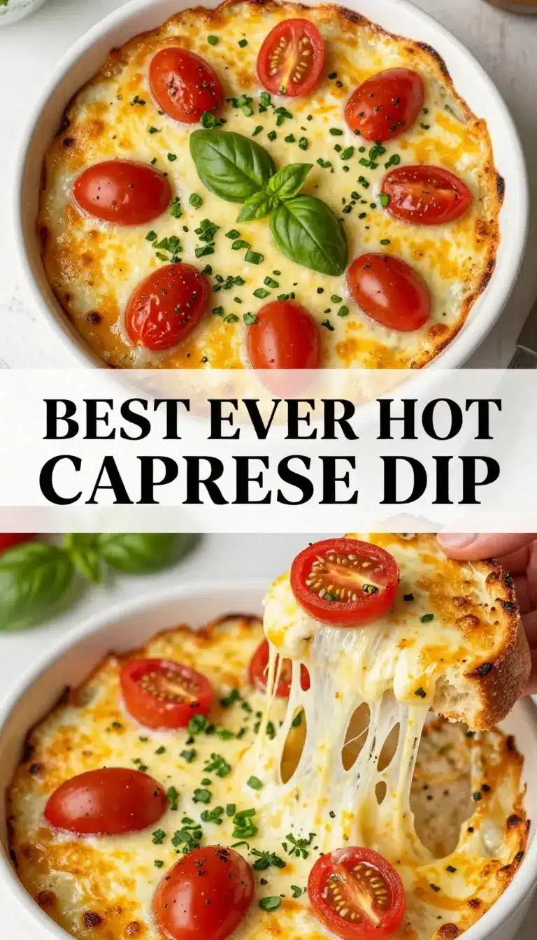 Easy Caprese Dip 9 A bowl of creamy Caprese dip garnished with fresh basil leaves and cherry tomatoes.