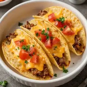 A tray of baked tacos filled with seasoned meat, melted cheese, and toppings.