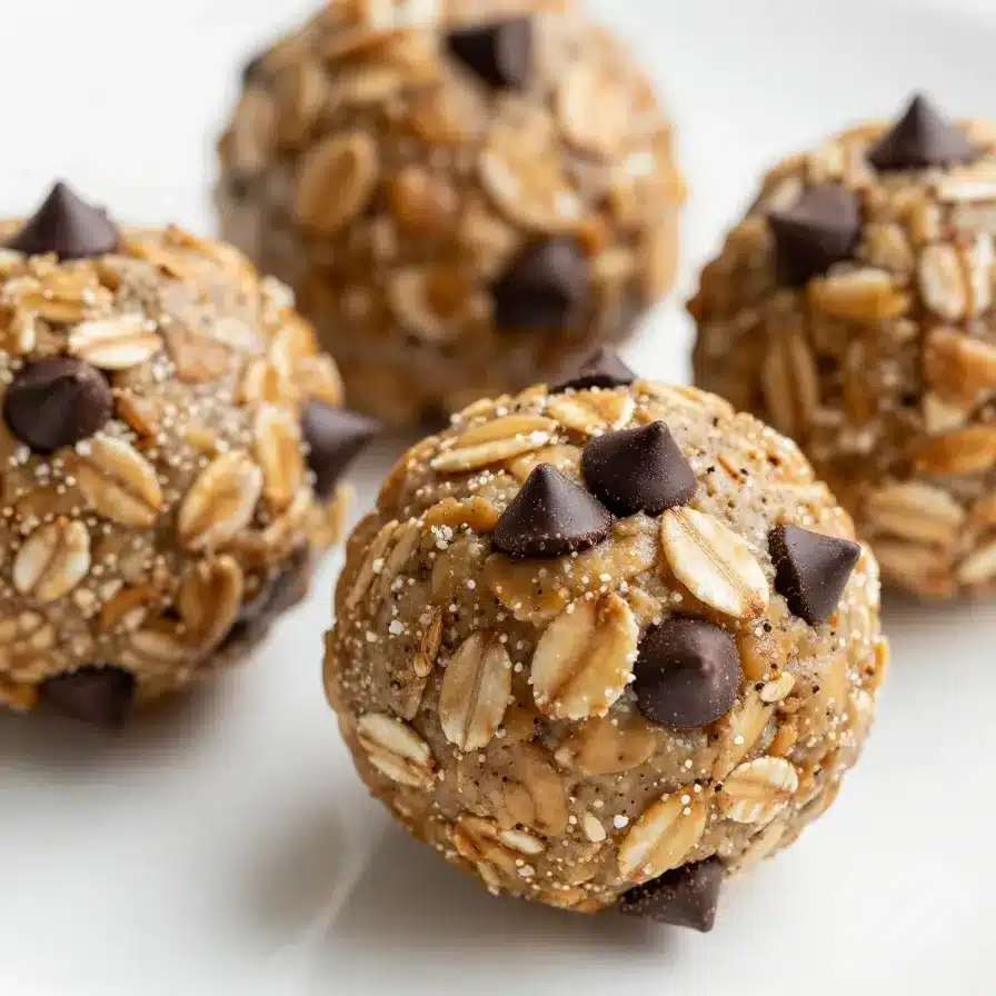 A plate of homemade energy balls made with oats, nuts, and dried fruits.