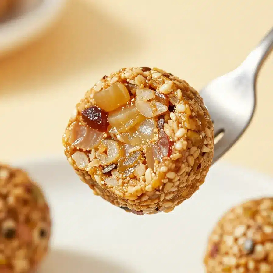 A plate of homemade energy balls made with oats, nuts, and dried fruits.