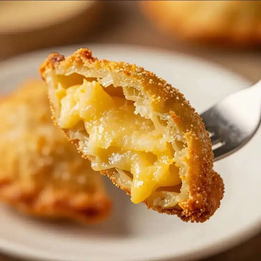 Golden-brown Ecuadorian fried cheese empanadas served on a wooden plate.