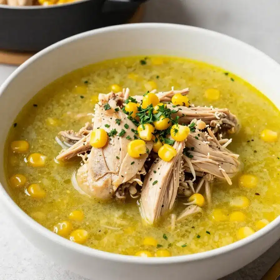 Delicious Chicken and Hatch Chile Stew 5 A bowl of hearty chicken and hatch chile stew garnished with fresh cilantro.