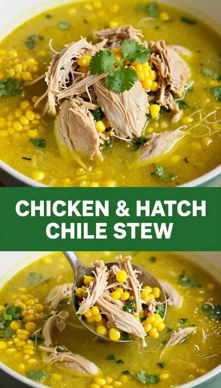 Delicious Chicken and Hatch Chile Stew 9 A bowl of hearty chicken and hatch chile stew garnished with fresh cilantro.