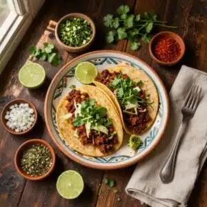 Close-up of birria tacos served with dipping consommé and fresh garnishes.