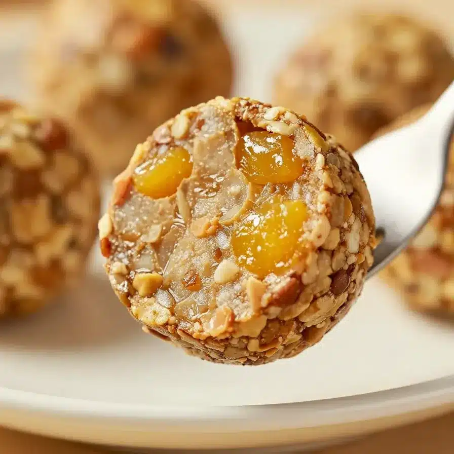 A close-up of no bake energy bites arranged on a wooden plate.