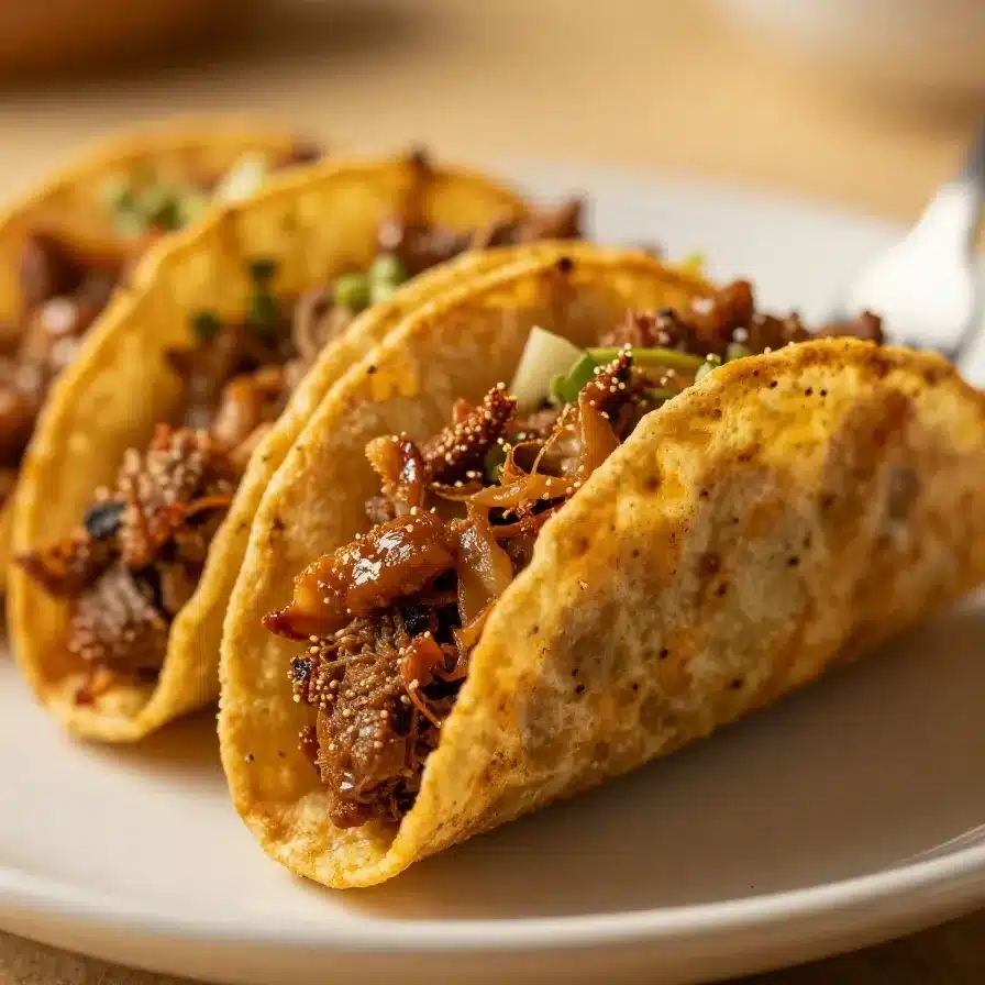Close-up of birria tacos served with dipping consommé and fresh garnishes.