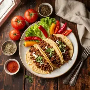 A tray of crispy baked ground beef tacos with melted cheese and fresh toppings.