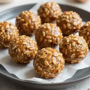 Close-up of homemade peanut butter energy balls on a wooden plate.