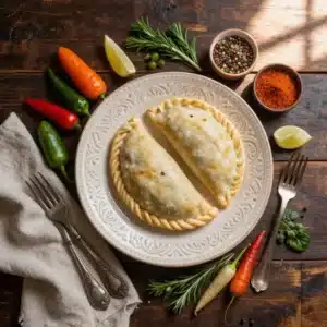 Close-up of freshly made empanada dough on a wooden surface