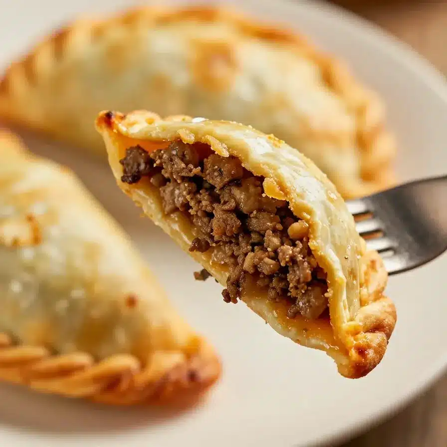 Cheesy Ground Beef Empanadas 5 Golden-brown empanadas filled with cheesy ground beef on a wooden plate.