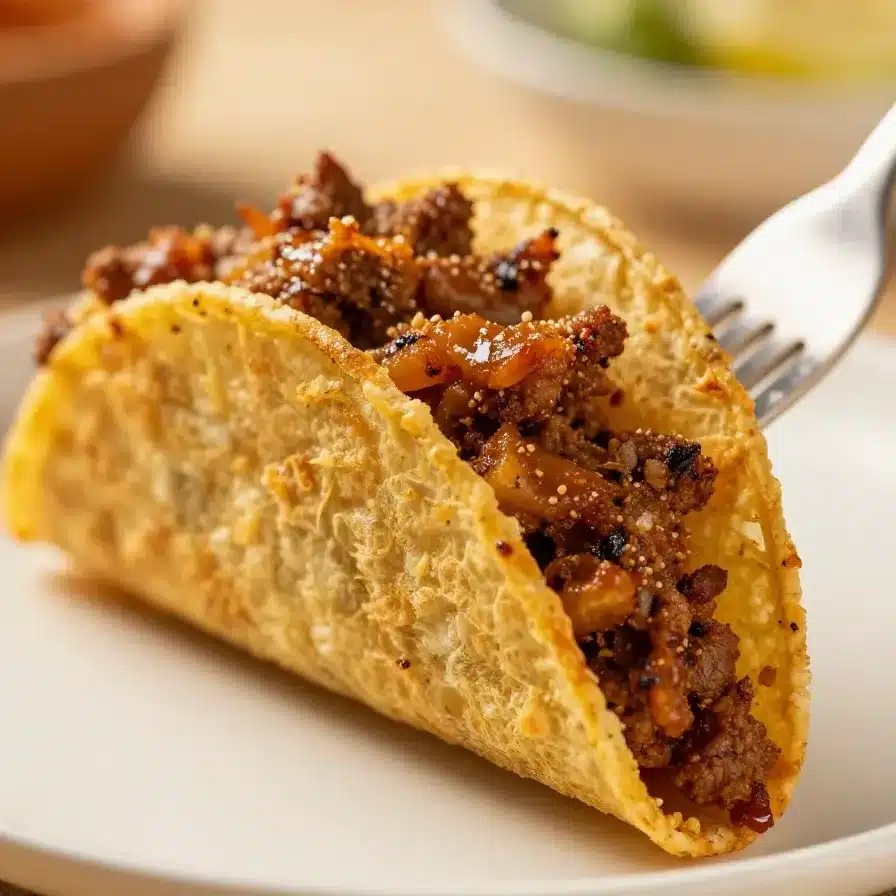 A tray of crispy baked ground beef tacos with melted cheese and fresh toppings.