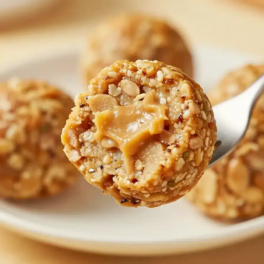 Close-up of homemade peanut butter energy balls on a wooden plate.
