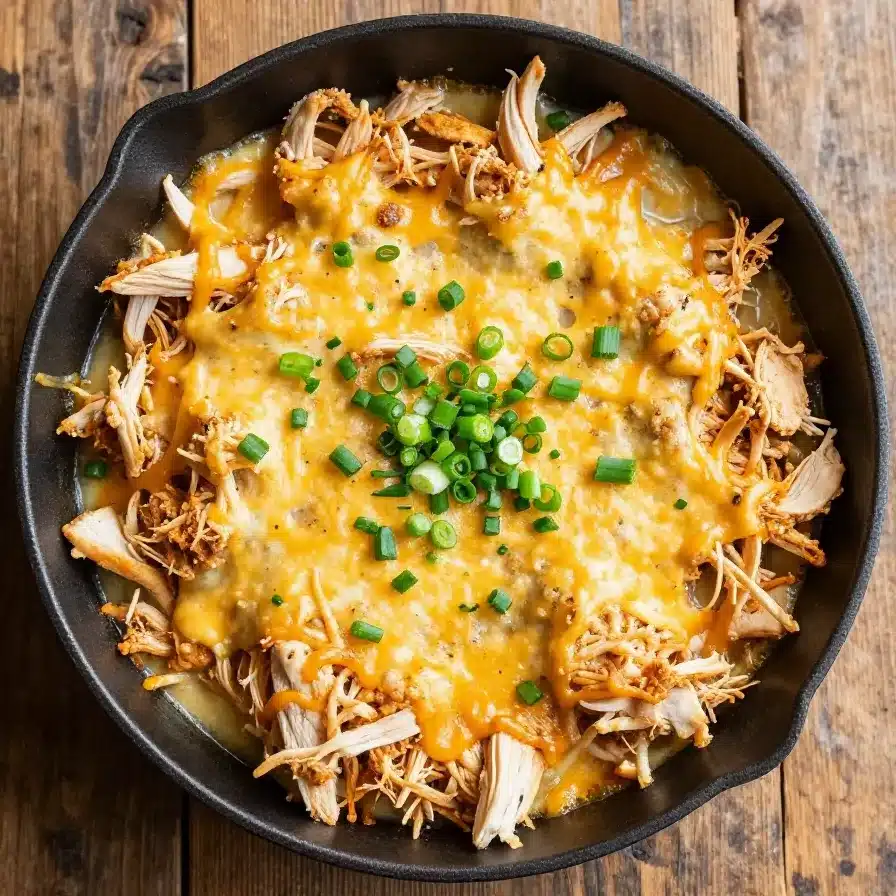 One-pan keto green chili chicken served in a skillet with fresh garnishes.