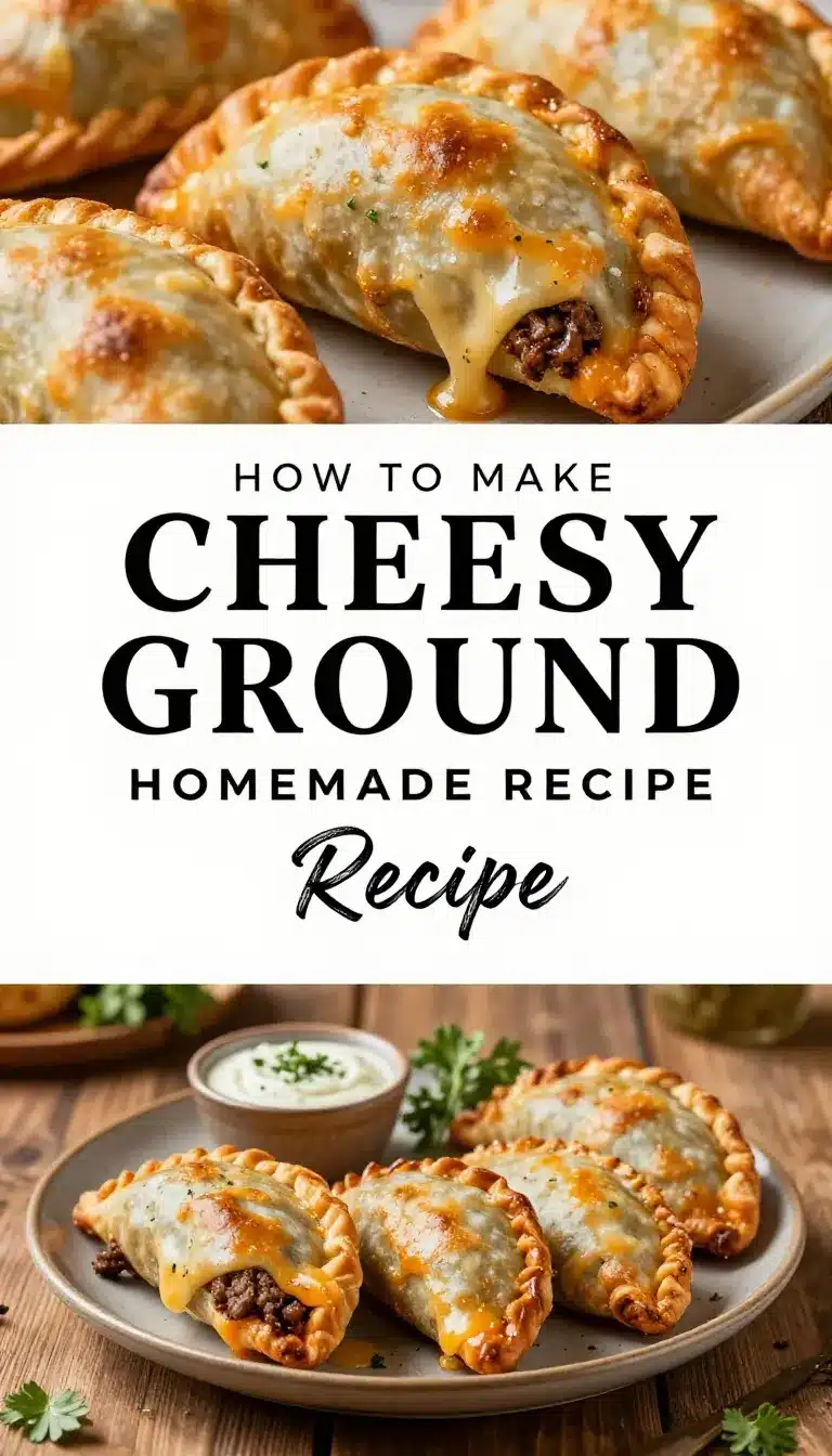 Cheesy Ground Beef Empanadas 9 Golden-brown empanadas filled with cheesy ground beef on a wooden plate.