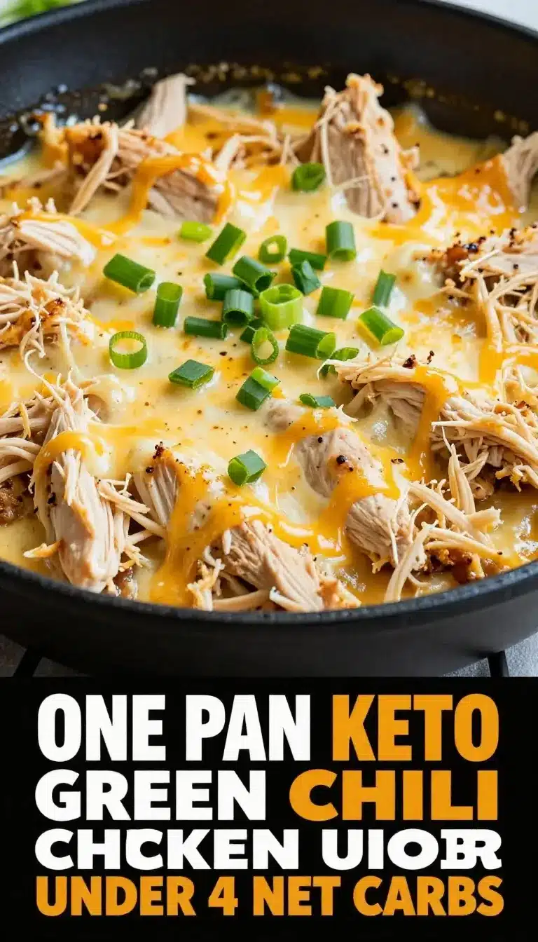 One-pan keto green chili chicken served in a skillet with fresh garnishes.