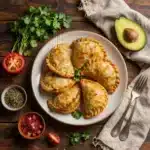 How to make authentic Colombian beef empanadas 2 A plate of freshly made Colombian beef empanadas served with a side of salsa