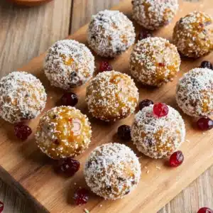 Close-up of homemade date protein balls arranged on a wooden plate.