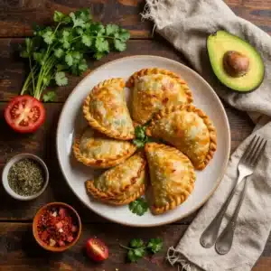 A plate of freshly made Colombian beef empanadas served with a side of salsa