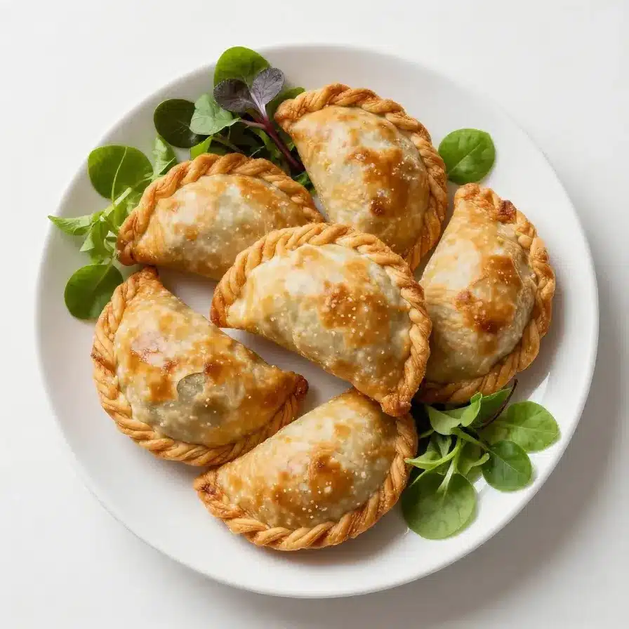 Close-up of freshly baked Spanish chicken empanadas on a wooden board.