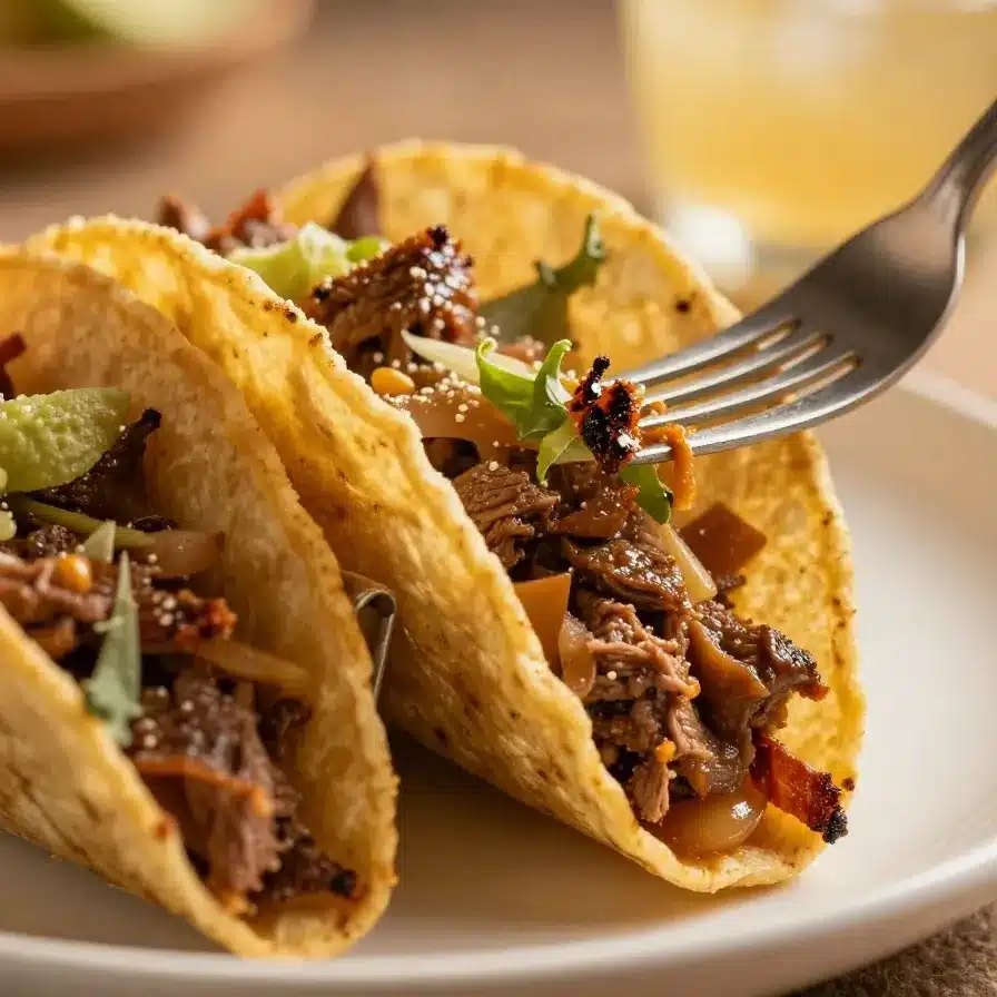 Juicy Mexican Steak Tacos You’ll Love! 5 Close-up of juicy Mexican steak tacos served with fresh toppings.