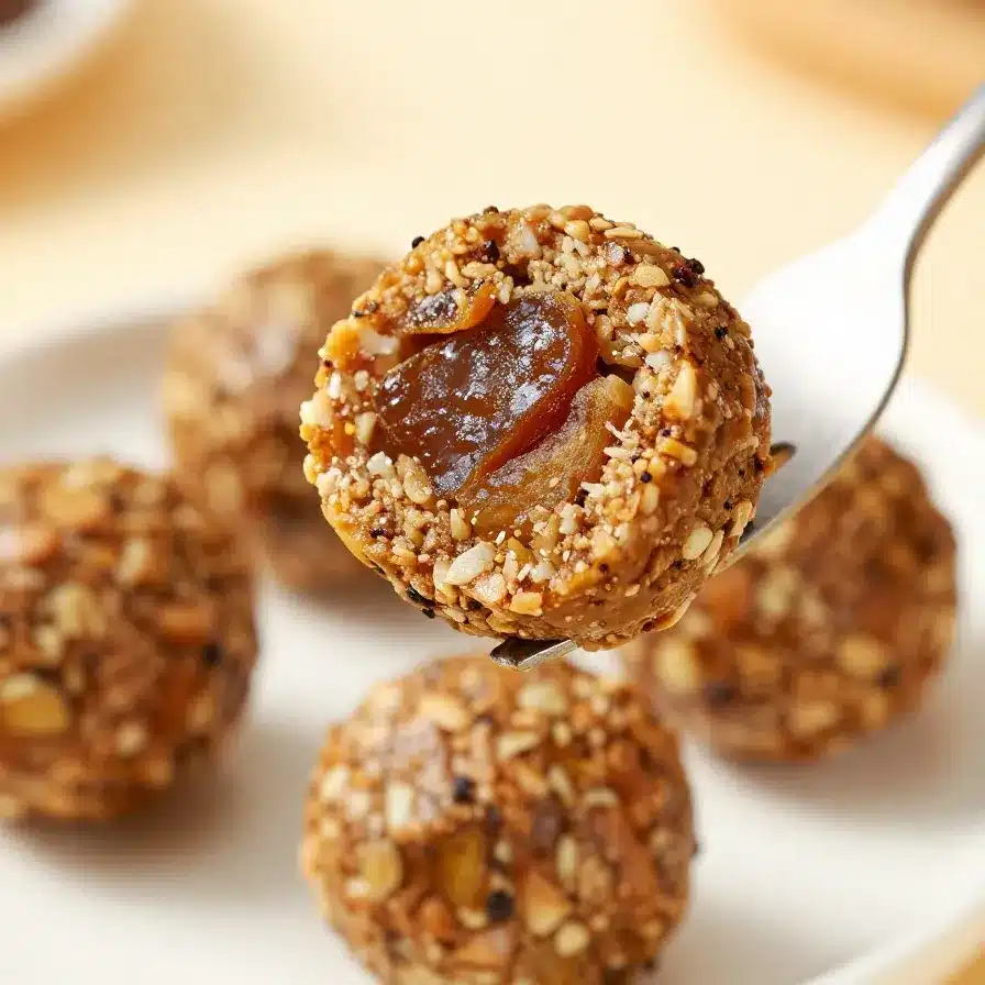 Close-up of homemade date protein balls arranged on a wooden plate.