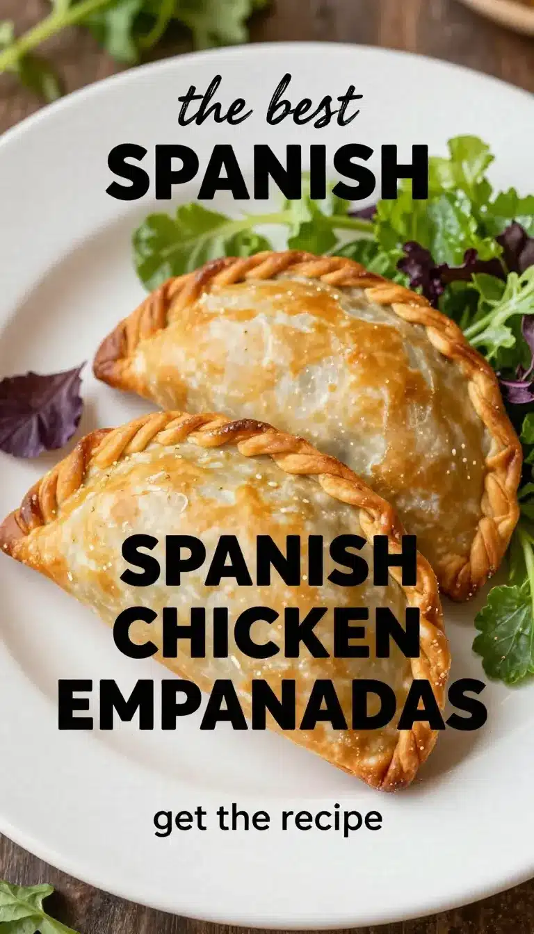 Close-up of freshly baked Spanish chicken empanadas on a wooden board.