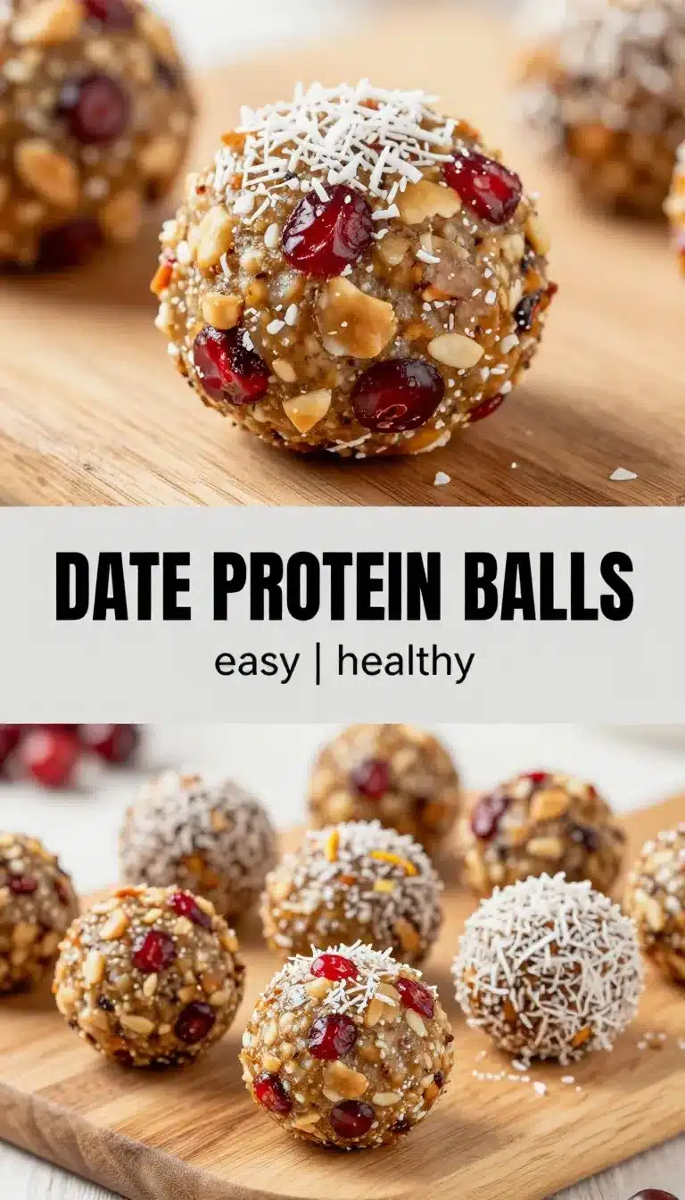 Close-up of homemade date protein balls arranged on a wooden plate.