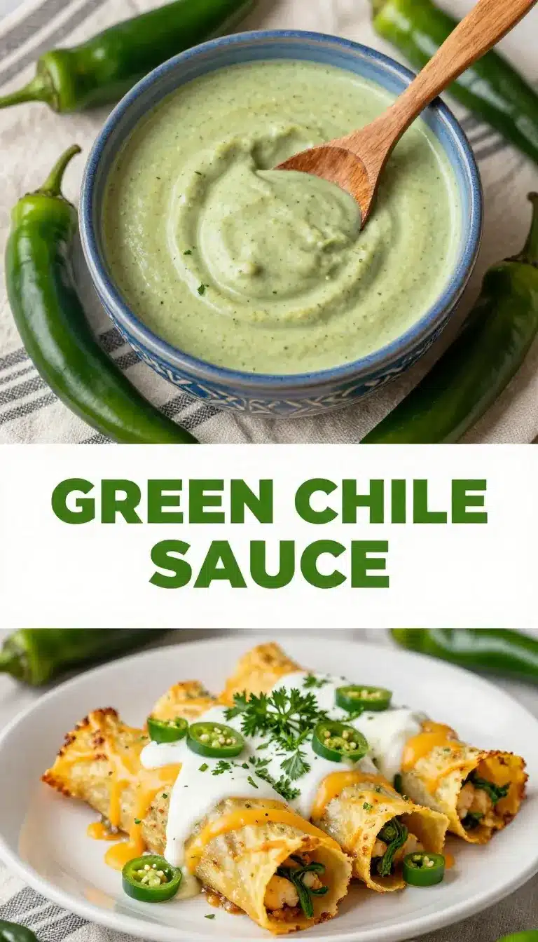 Authentic Hatch Chile Green Sauce Recipe 9 A bowl of homemade Hatch Chile green sauce surrounded by fresh green Hatch chiles and cilantro.