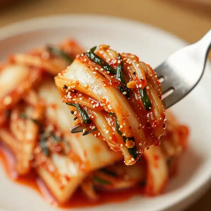 A close-up of Garlic Chive Kimchi (Buchu Kimchi) in a white bowl, showcasing vibrant green chives and red seasoning.