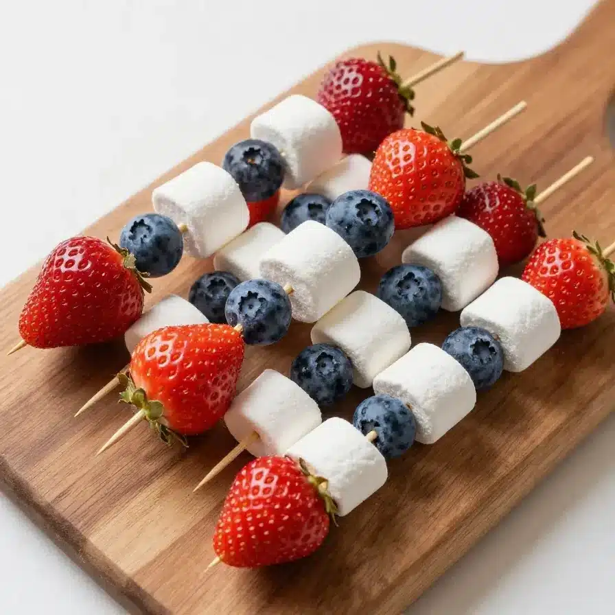 Colorful fruit kabobs featuring strawberries, blueberries, and bananas arranged in red, white, and blue pattern